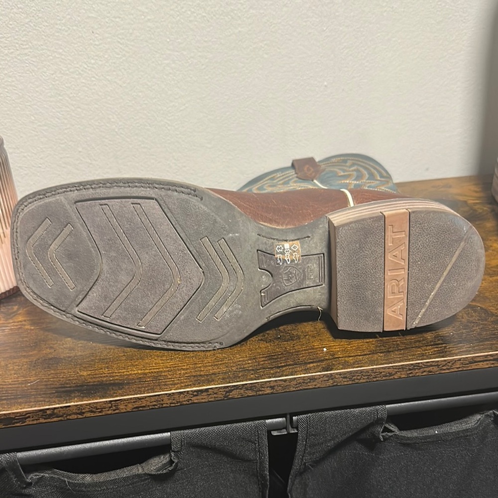 Ariat Brown and Blue Cowboy Boots with Square Toe - Picture 3 of 4